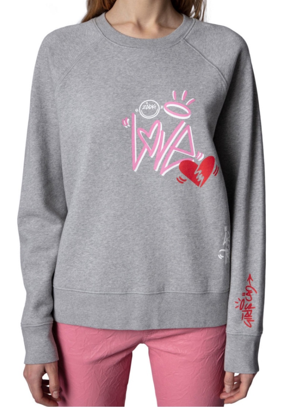 Zadig & Voltaire Gray Crewneck Sweatshirt with Pink Graphic & Red Heart